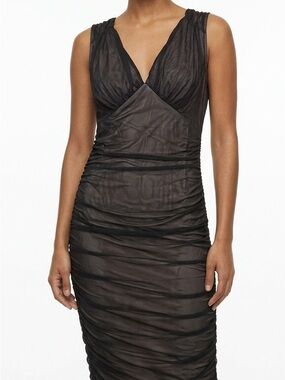 Black Ruched Midi Dress - Classic Sheer Layering